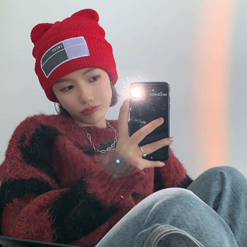 

2022 NEW winter hat for women Knitted Face Ski Mask Cute Bear Balaclava Scarf Bonnet Mouse Head Cover Masks Beanie hip hop hat