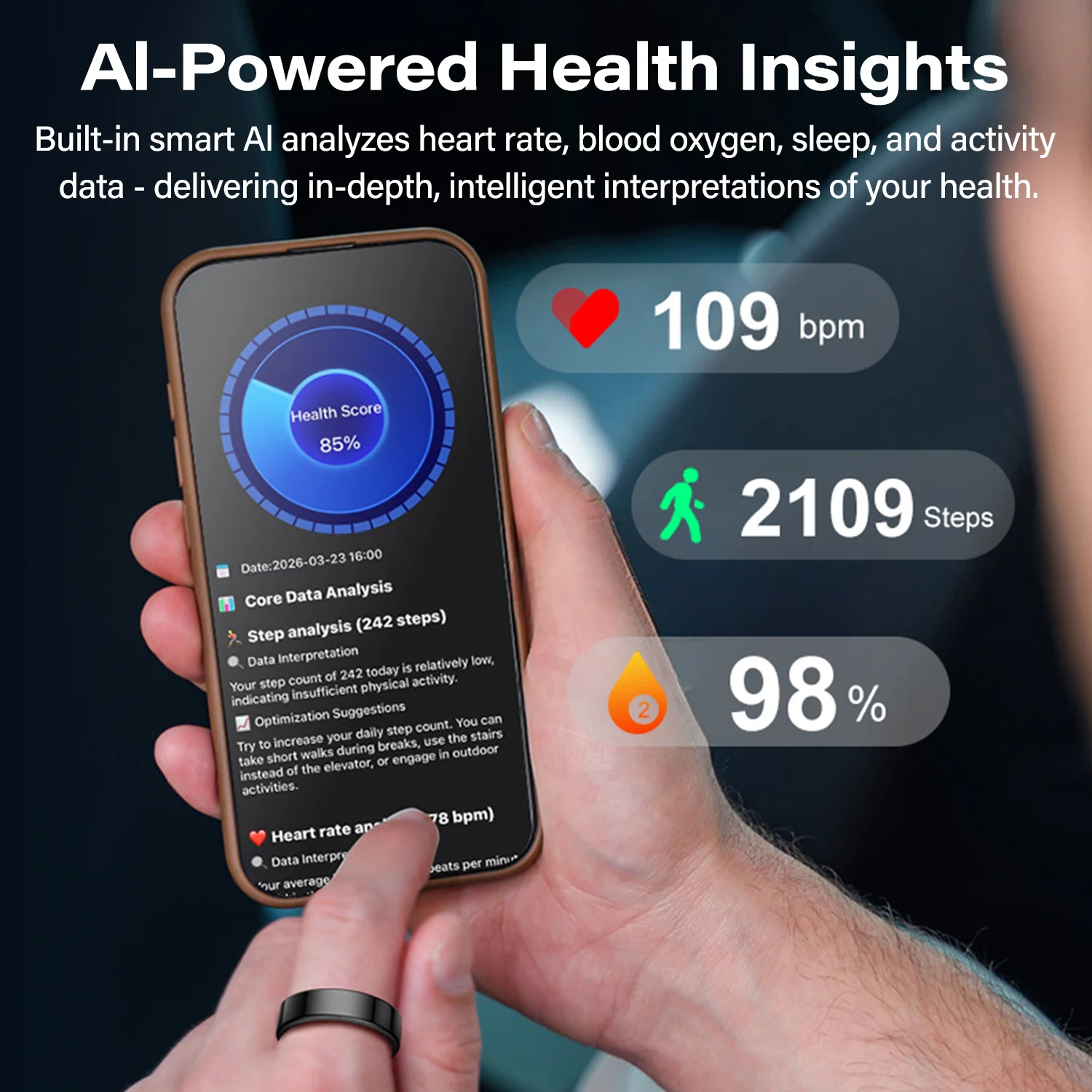 Anello Intelligente R02S con Custodia di Ricarica, Analisi Salute AI, Monitoraggio Frequenza Cardiaca e Sonno, Controllo Gesti, Modalità Multi-Sport - immagine 2