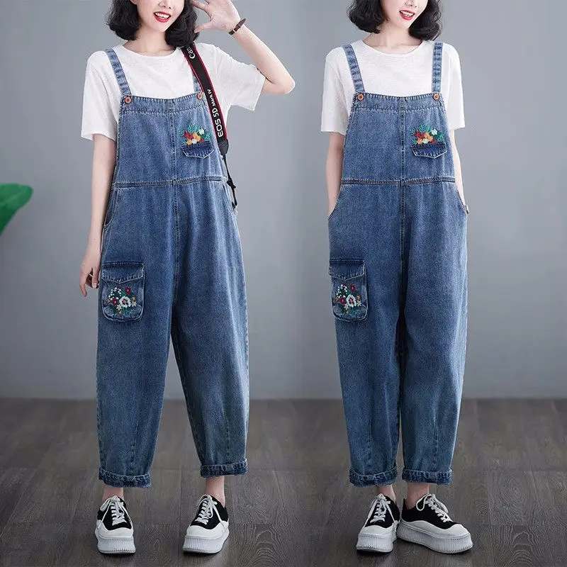 

Vintage Printed Loose Denim Jumpsuit 2023 Spring And Autumn Women Fashion Embroidery Jeans Strap Pants Overall Trousers Z1056