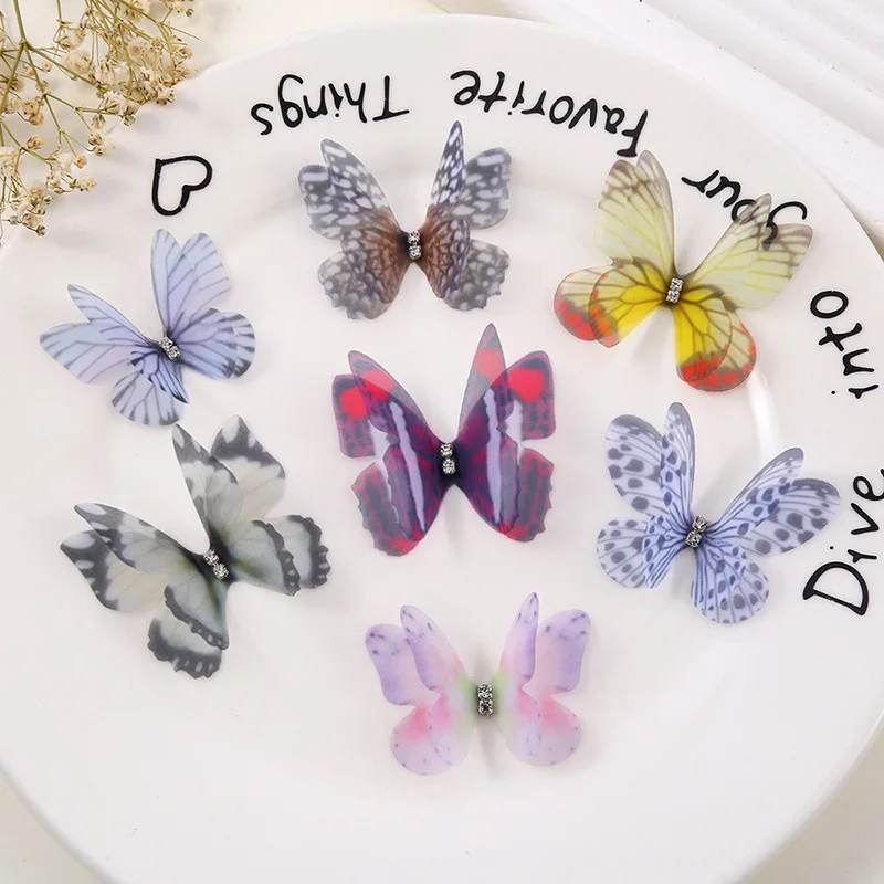 4.5cm 100pcs Double Layered Dimensional Gauze Mesh Butterfly Dreamy DIY Bride Hair Accessories Headwear Materia Nail Decoration jewelry making supplies craft supplies