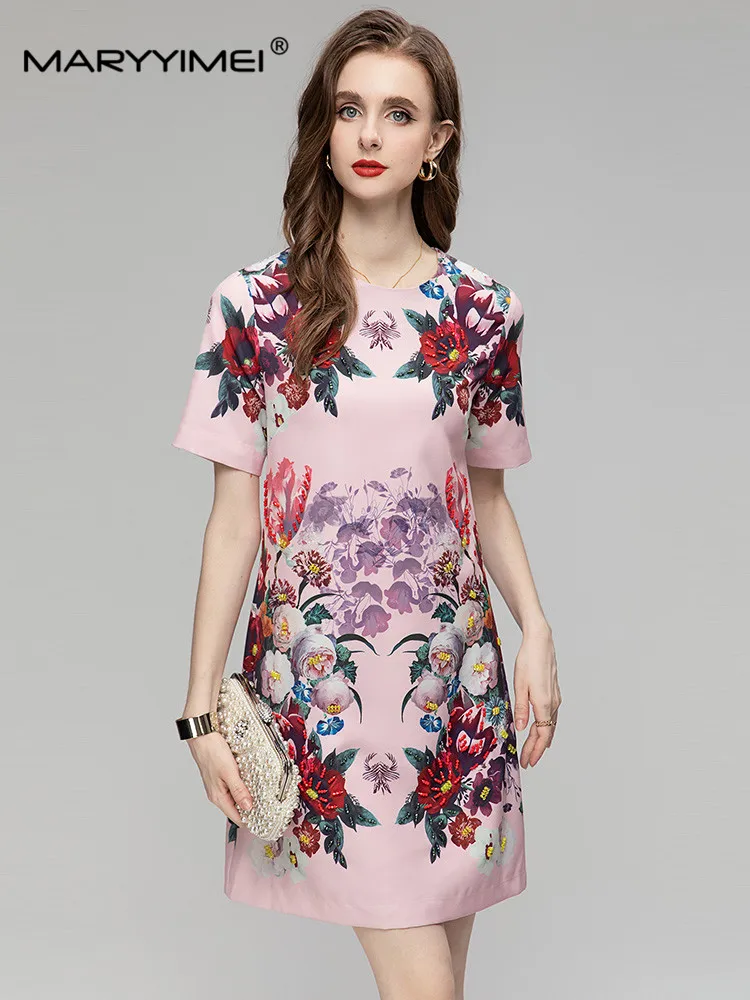

MARYYIMEI Spring Summer Fashion New Women's Elegant dress Short Sleeved Beading Flower printed Mini Party Dresse