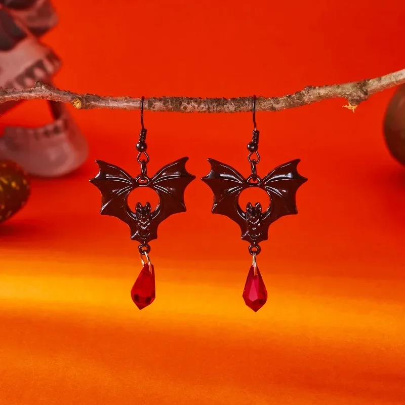 Punk Gothic Vampire Bat Earrings for Women Witch Halloween Party Jewelry Accessories Red Crystal Vintage Ear Hooks