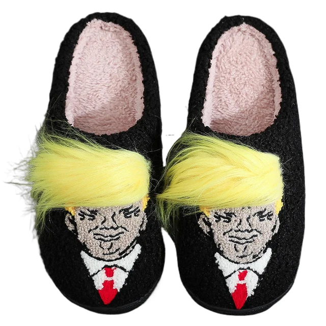 Plush Trump Wig Slippers Closed Toe Slippers Comfortable Fluffy Home Slippers Creative 3D Fake Hair Furry Slipper for Men Women 2