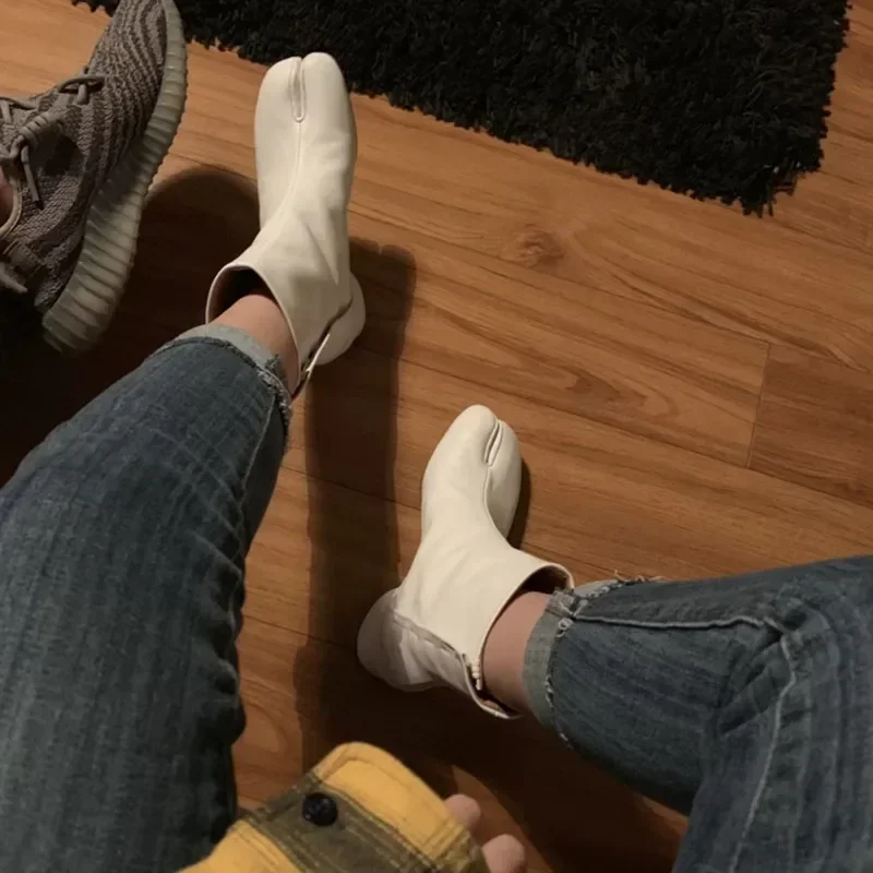 Women Split Toe Ninja Tabi Leather Ankle Boots Round Heels 3.5cm/7.5cm Heel Brand Design Lady Shoes Woman Boot