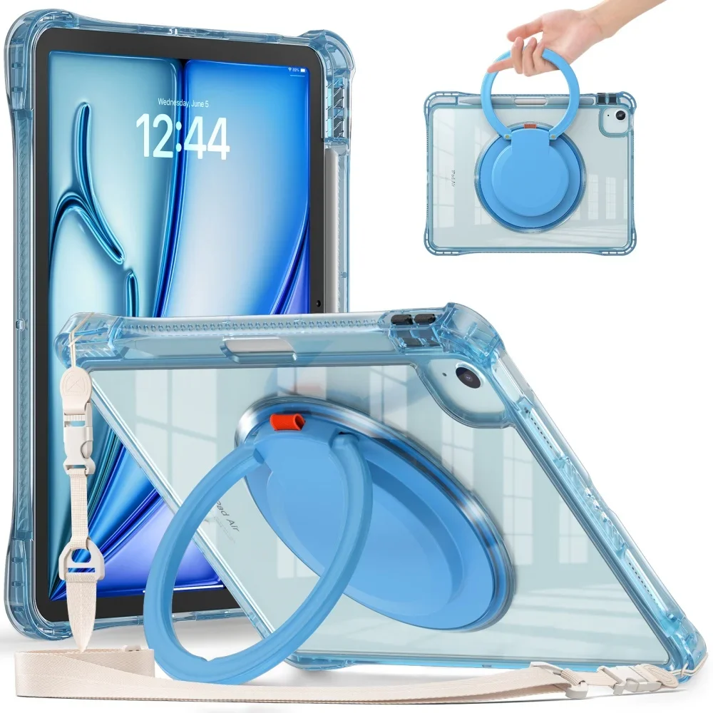 Versatile Clear Shockproof Tablet Case with Handle, Rotary Stand, Magnetic Pen Slot, and Strap