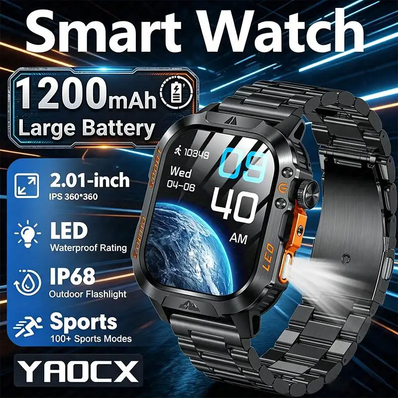 Nuovo Smartwatch 2026 con Batteria da 1200mAh, Display da 2,01 Pollici, Torcia LED, Impermeabile IP68, 100+ Modalità Sportive, Rilevamento Salute, per Uomini e Donne