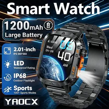 Nuovo Smartwatch 2026 con Batteria da 1200mAh, Display da 2,01 Pollici, Torcia LED, Impermeabile IP68, 100+ Modalità Sportive, Rilevamento Salute, per Uomini e Donne
