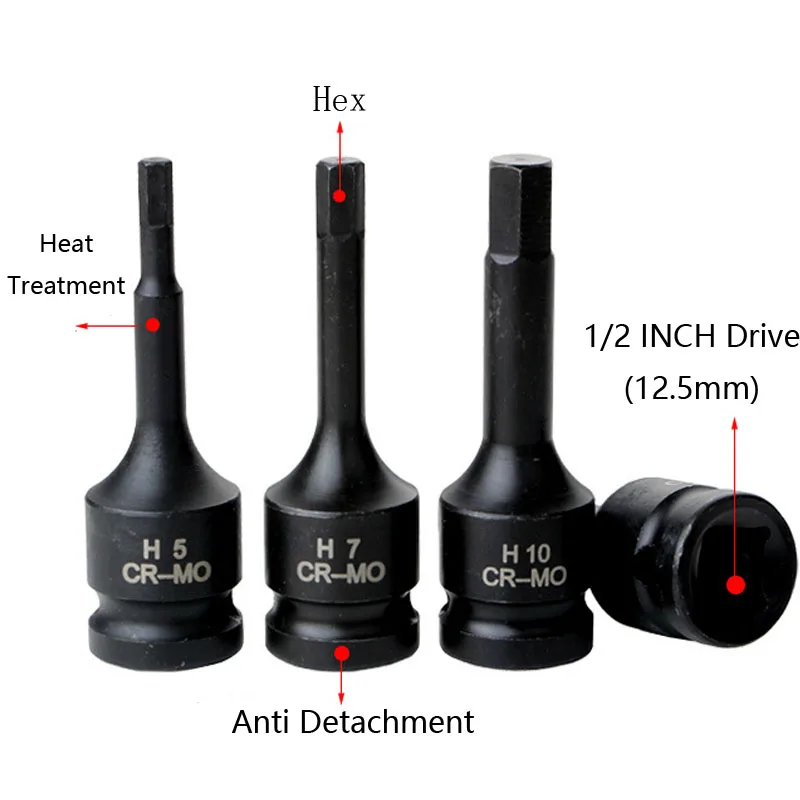 1pcs Impact Hex Driver Bit Metric 1/2" Drive Cr-Mo Steel Air Allen Keys Screwdriver Bit Socket Impact Wrench Tools H4-H22 3