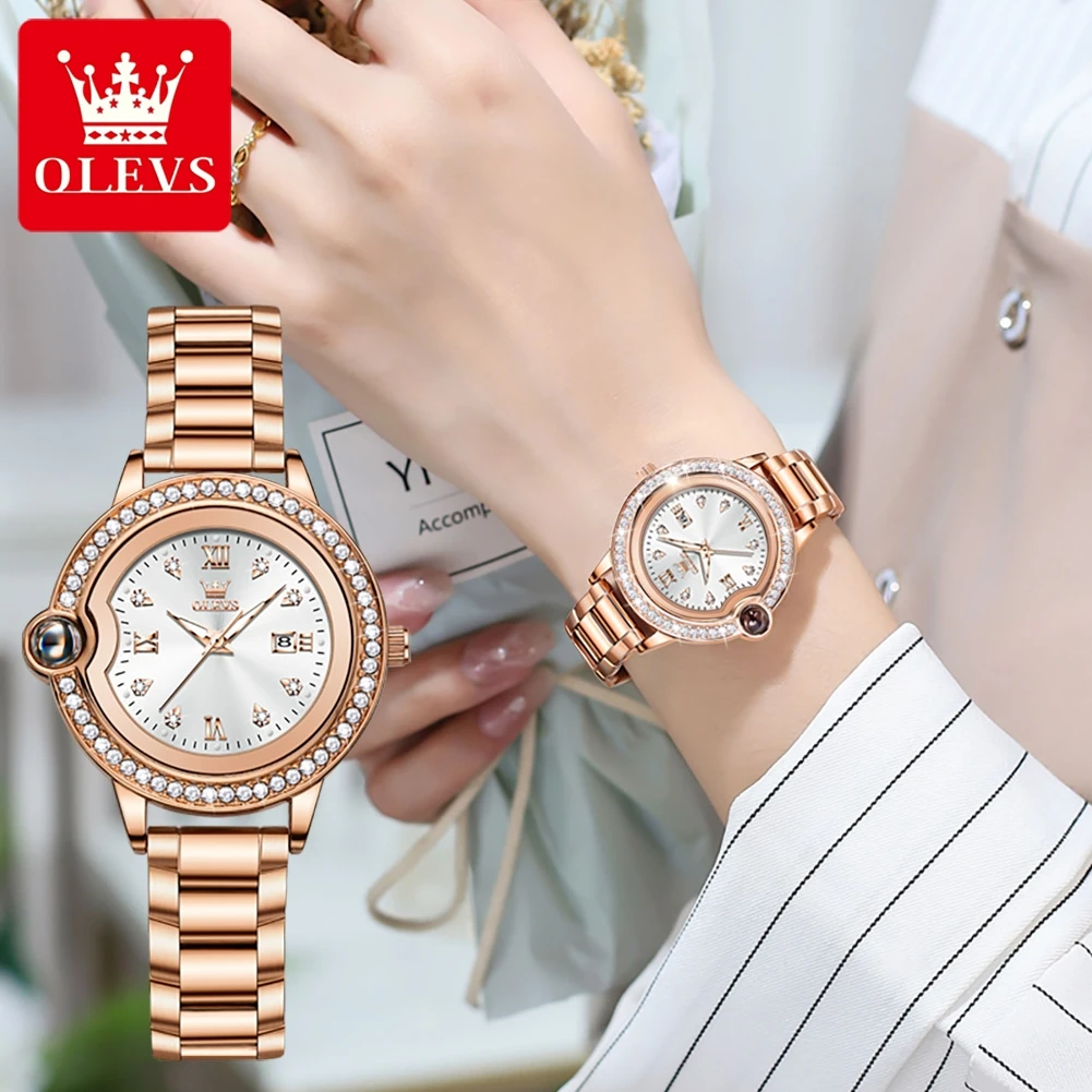 OLEVS Brand Luxury Diamond Quartz Watch for Women Stainless Steel Rose Gold Strap Waterproof Watches Women Fashion Wristwatches