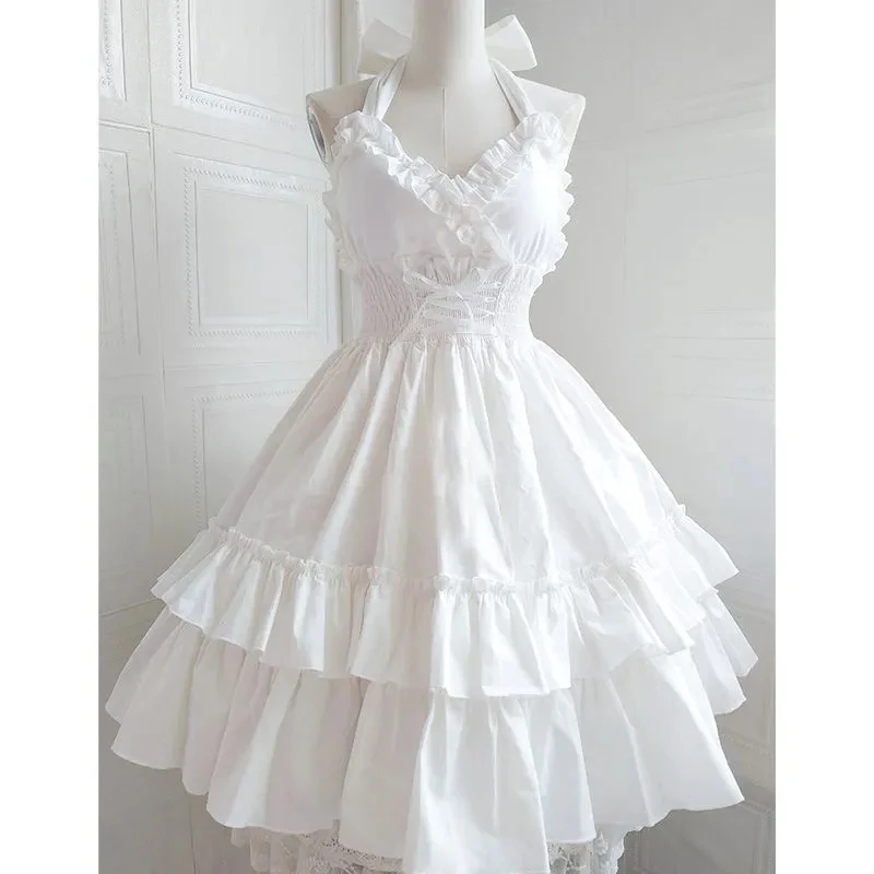 Vintage Lolita Jsk Dress Women Sweet Princess Dancing Party Slim Dresses Girly Cute Ruffles Halter Collar Wedding Dress