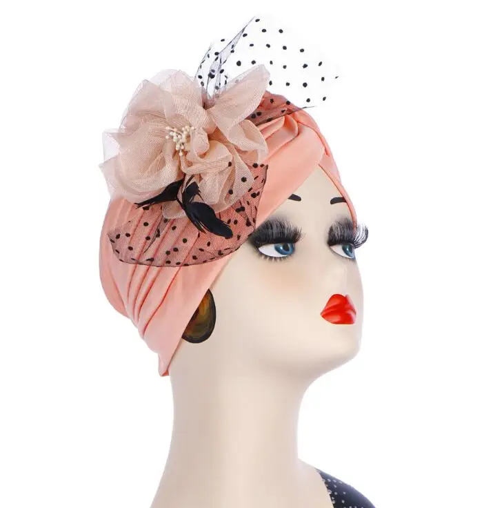 

Feather African Headtie Muslim Women Hijab Bonnet Indian Chemo Cap Flower Wedding Party Turbante Nigerian Femme Hair Accessories