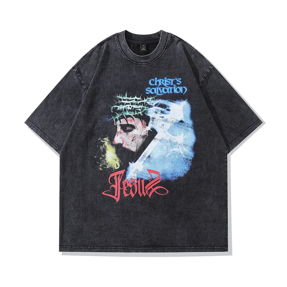 

Men Hip Hop Washed Black T-Shirt Streetwear Letter Portrait Graphic T Shirt Summer Short Sleeve Tshirt Harajuku Cotton Tops Tees