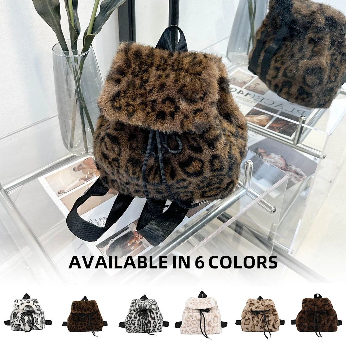 Korean Style Cute Leopard Print Faux Fur Backpack, New Autumn and Winter Casual Retro Furry Bag, Plush Small Backpack for Commuting to Work
