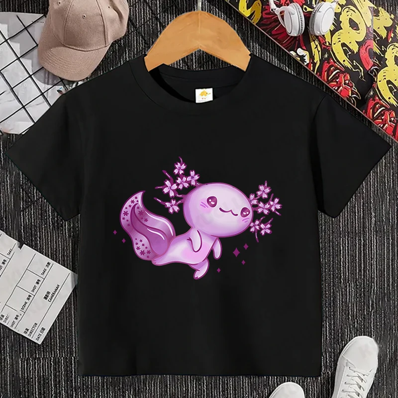 Cute Axolotl Drink Boba Tea Funny Kids T Shirt Girls Summer Tops Boys Clothes Cartoon Kawaii Tops Children Short Sleeve T-shirt 4