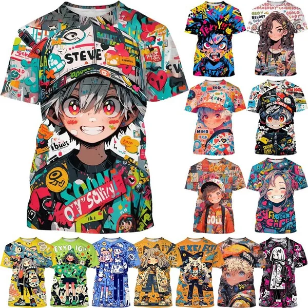 

New Cartoon Comic Characters Hand-painted Art Graffiti Printing Cool T-shirt Men and Women Fashion Graffiti 3D Printing T-shirt