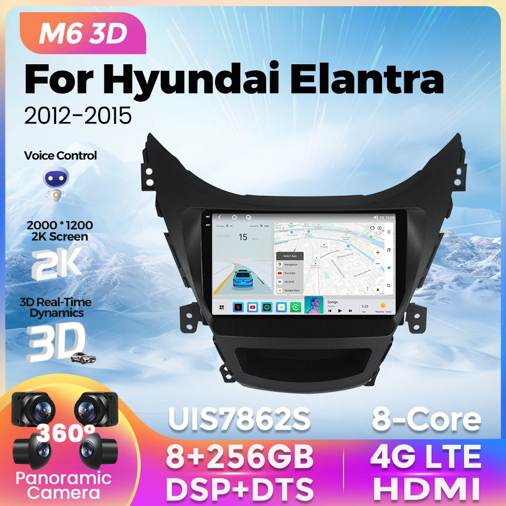 

M6 Pro 3D UIS7862S Беспроводной Carplay Автомагнитола 2Din 8G+256G для Хендай Элантра 2012 2013 2014 2015 Android 12 Навигация GPS Мультимедиа Видеоплеер