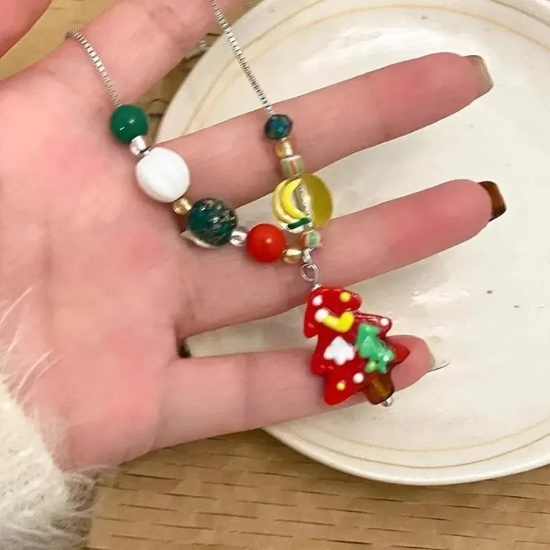 Kawaii Christmas Tree Gingerbread Man Pendant Necklace for Women Men Holiday Choker Party Jewelry Gifts