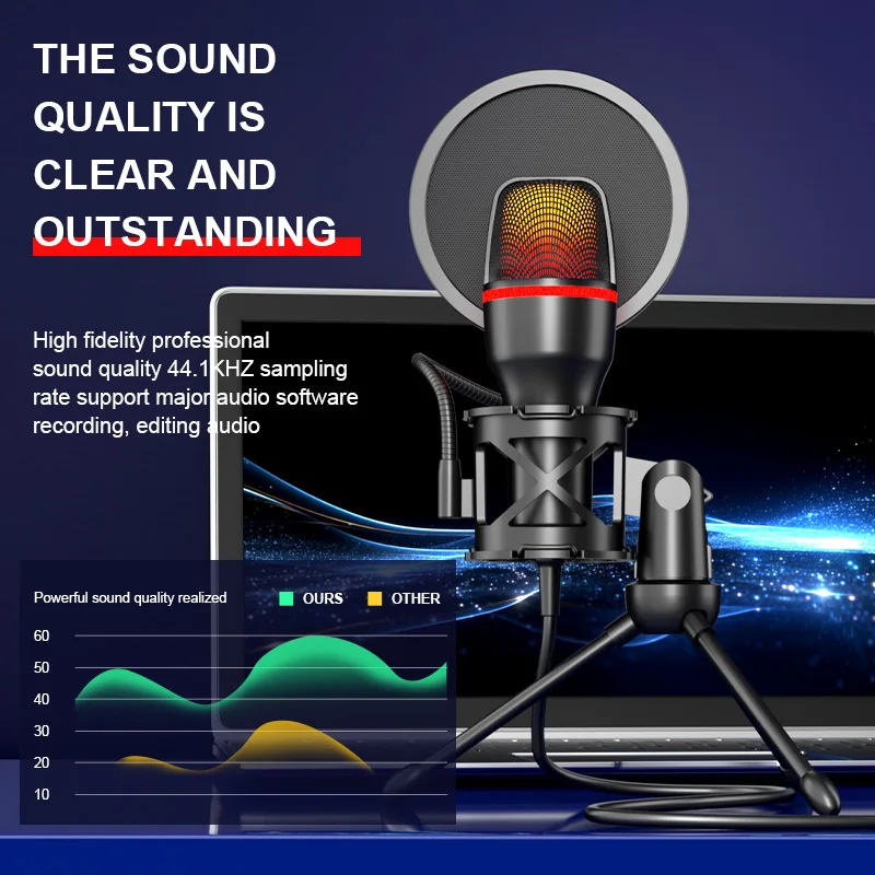 Microfono a condensatore professionale per computer, PC, laptop, USB, kit di accessori da gioco cablati, audio, streaming live, podcast, gamer, RGB - immagine 3