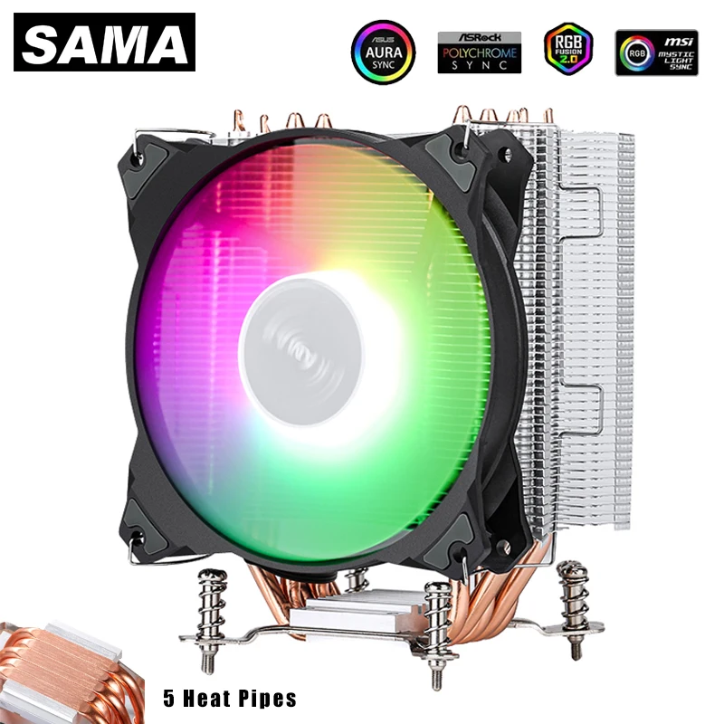 

SAMA CPU Cooler 135W TDP 4PIN PWM 5 Heat Pipe Radiator 120mm Fan for Intel LGA 1150 1151 1155 1156 AMD AM3 AM4 151mm Height