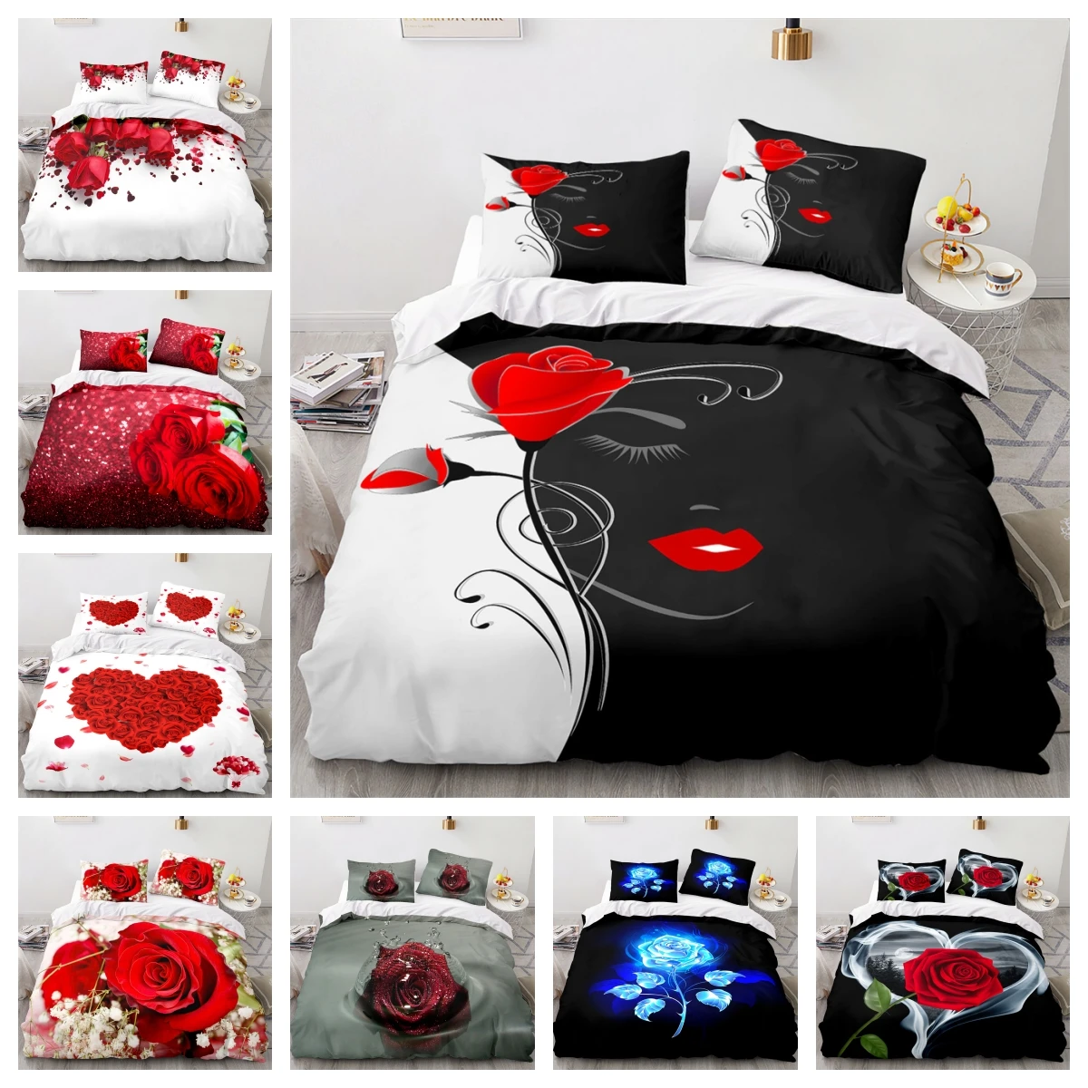 

3D Red Rose Flower Bedding Set Queen King Size Beautiful Woman Print Duvet Cover Set Comforter Cover and Pillowcase Home Textile
