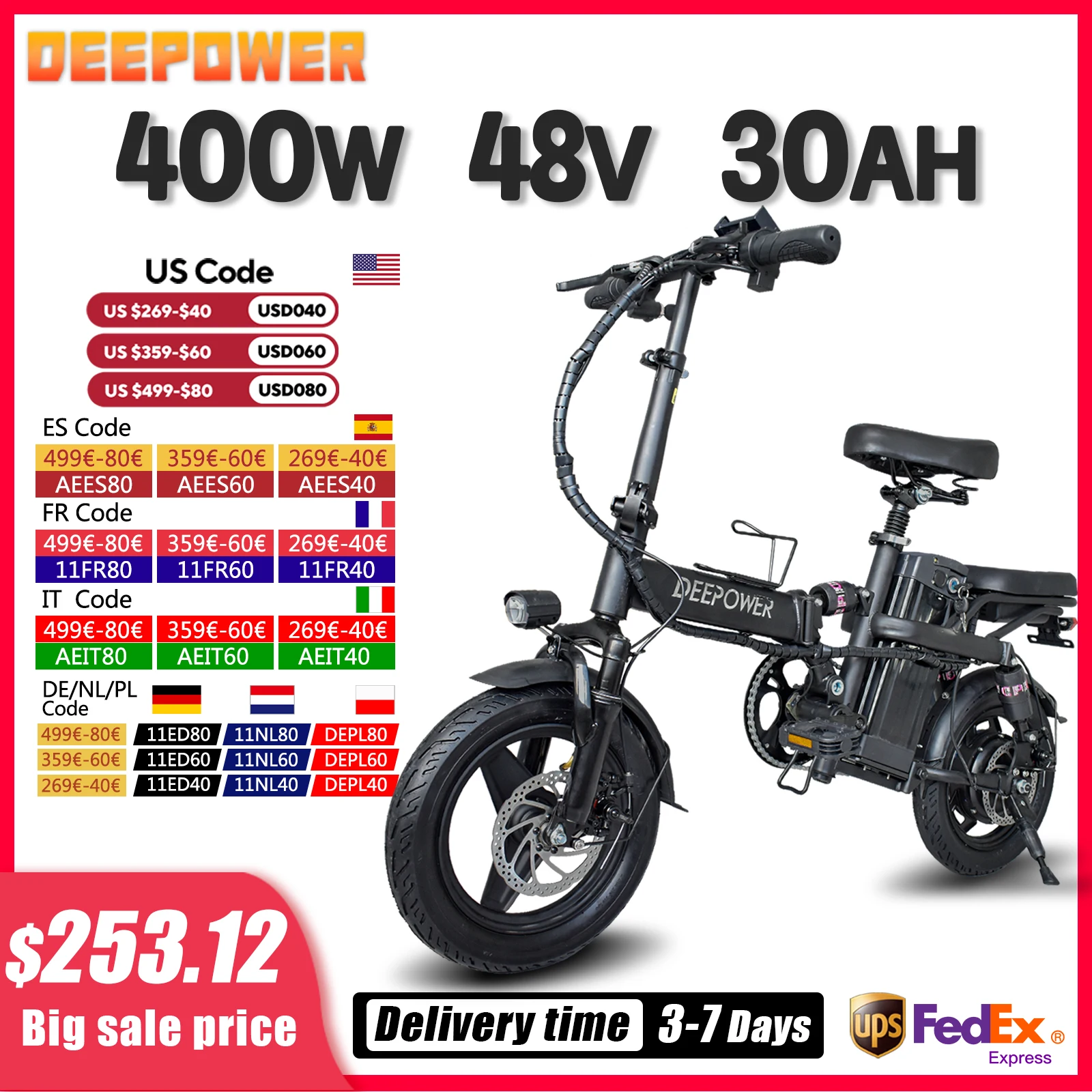 Electric Bicycle DEEEPOWER Mini Foldable 400W 48V 30AH/10AH Removable Battery Multi-shock-absorbing for Adult