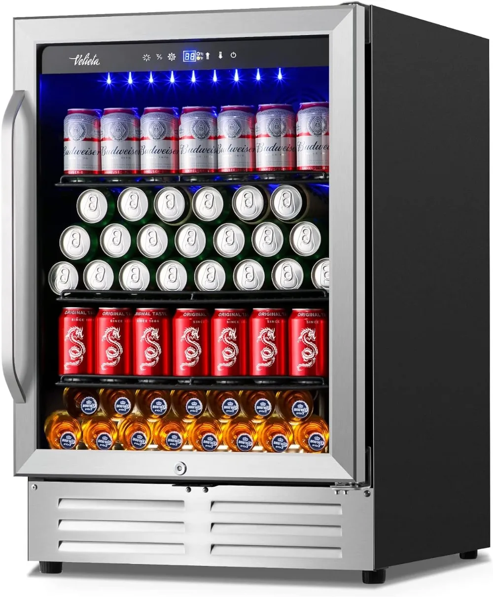 

24 Inch Beverage Refrigerator Cooler,210 Cans Wide Beverage and Beer Fridge with Glass Door and Powerful Cooling Compressor