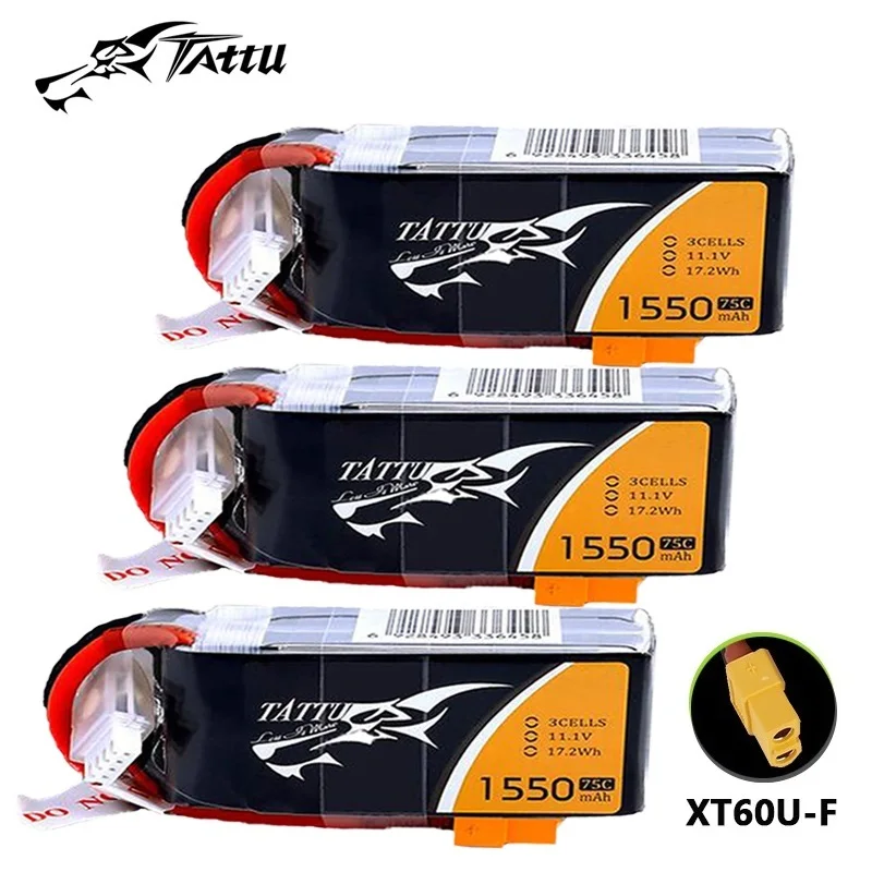 

Аккумуляторная батарея TATTU 75C 1550 мАч 11,1 В Lipo с XT60 для радиоуправляемого вертолета квадрокоптера FPV гоночного дрона Запчасти 3S перезаряжаемая батарея