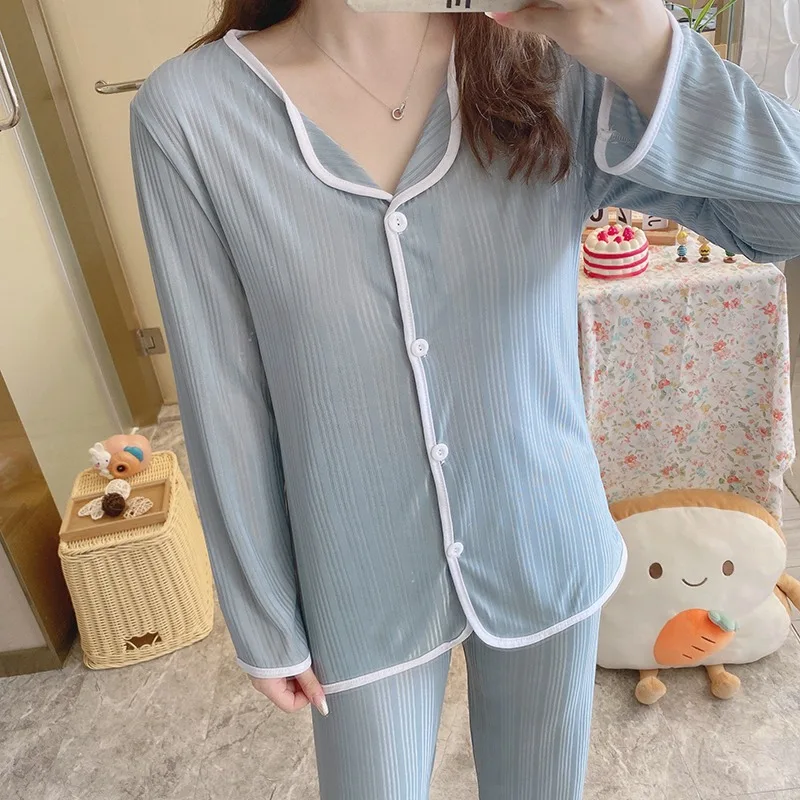 Spring and autumn women's pajamas printed double long pit strip milk silk 180k cardigan small lapel home clothes 2-piece set