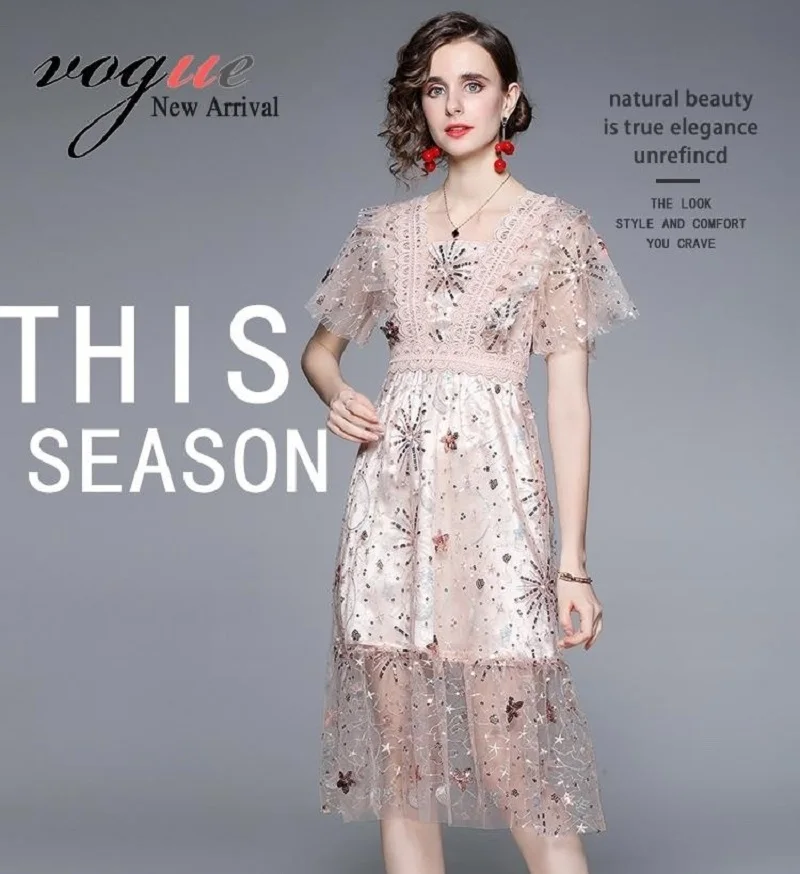 

2023 New Women Short-Sleeved 3D Embroidery Mesh Mid-Calf Dresses Fashion Elegant Pathwork Casual Female Clothing A-Line Dress
