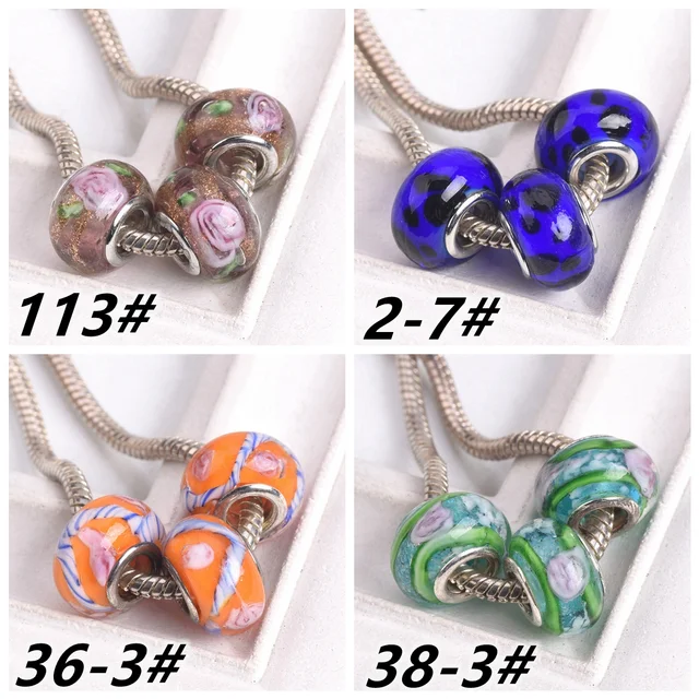 Weebee Murano Glass Beads Large Hole Beads European Lampwork Spacer Beads  Silver Plated Cores Bracelet Charms for Jewelry Making 50 Pcs Mix