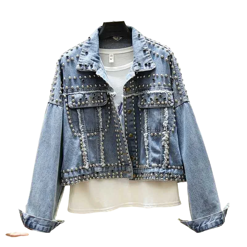 

Jacket Women 2024 Autumn Hand Rivet Studded Denim Jacket Loose Outwear Female New Students Casual Short Jeans Coats