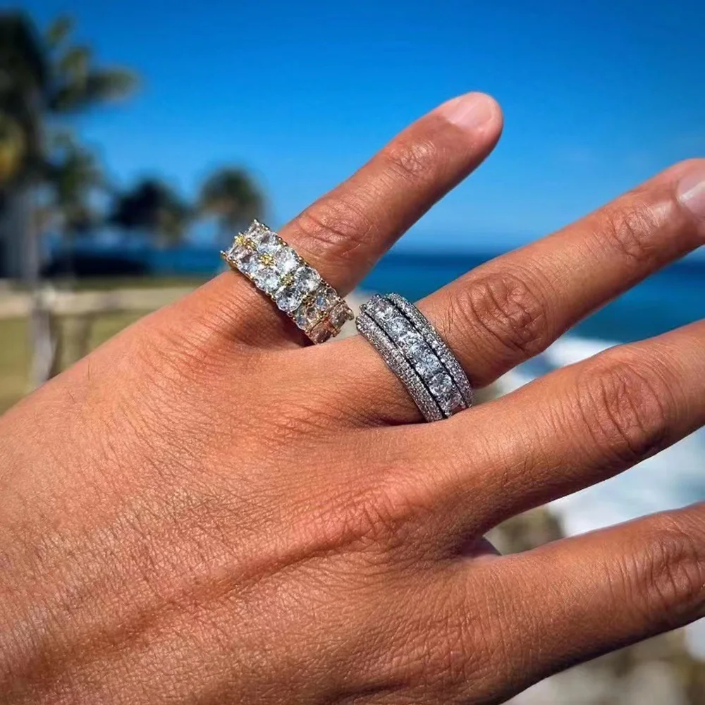 

RACHELZ Hip Hop Two Layers Shiny Zircon Rings Light Luxury 18K Real Gold Plated Diamond CZ Stone Ring For Men Women Jewelry