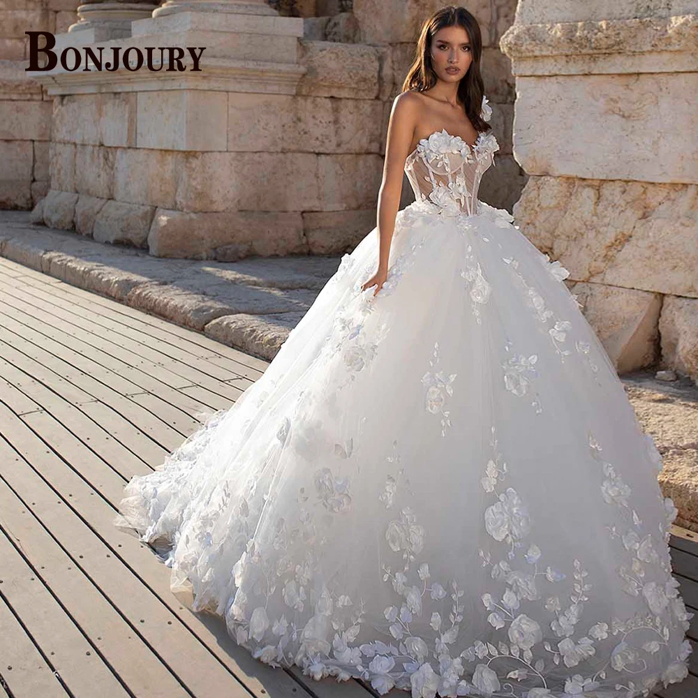 BONJOURY Exquisite Wedding Dresses For Woman Bride Ball Gown 3D Flower Appliques Lace Up Vestidos De Noiva Made To Order