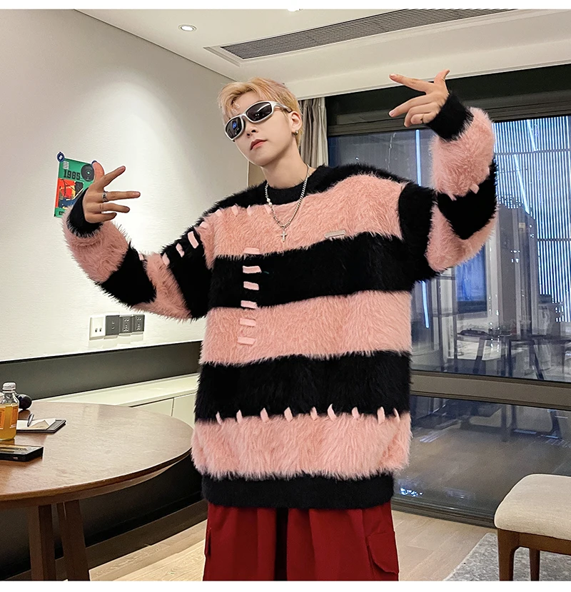 Description Picture 6 of itemNew Arrival Men Sweater Autumn and Winter Soft Warm Striped Contrast Color Pullover Round-Neck Knitted Warm Sweaters D64