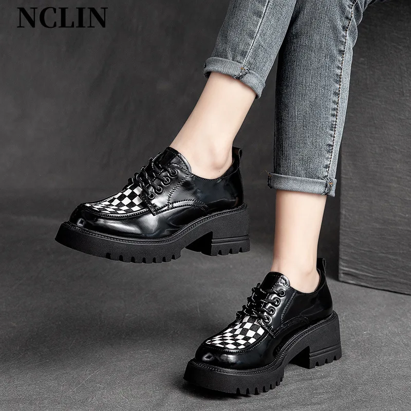 

2024 Spring/Autumn Genuine Leather Women's Platform shoes Thick heel lace up Pumps Mixed Colors Increasing Loafers shoes