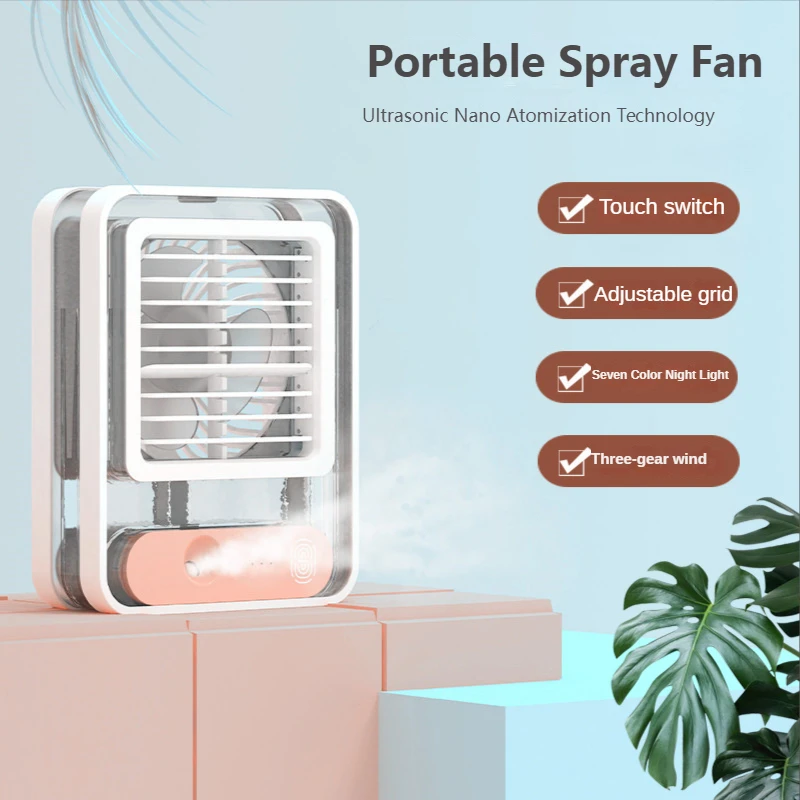

2023 New Camping Transparent Rechargeable Portable Fan Recirculating Air USB Charging Sprayable Conditioner Mini Cooling Home