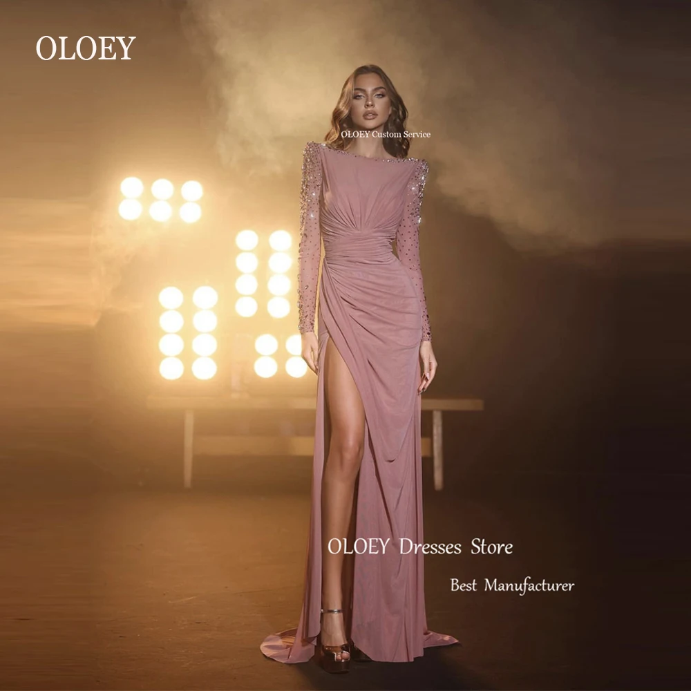 

OLOEY Elegant Blush Pink Sparkly Prom Dresses Long Sleeves Beads Scoop Neck Split Pleats Dubai Arabic Women Evening Gowns 2023