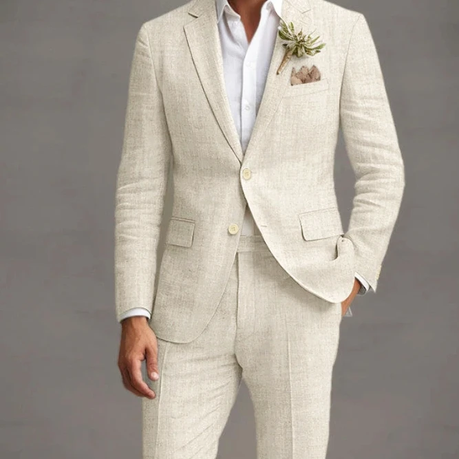 Grey Summer Linen Formal Wedding Elegant Men Suit Groom Tuxedo Slim Fit Blazer Hombre High Quality Custom 2 Piece Costume Homme