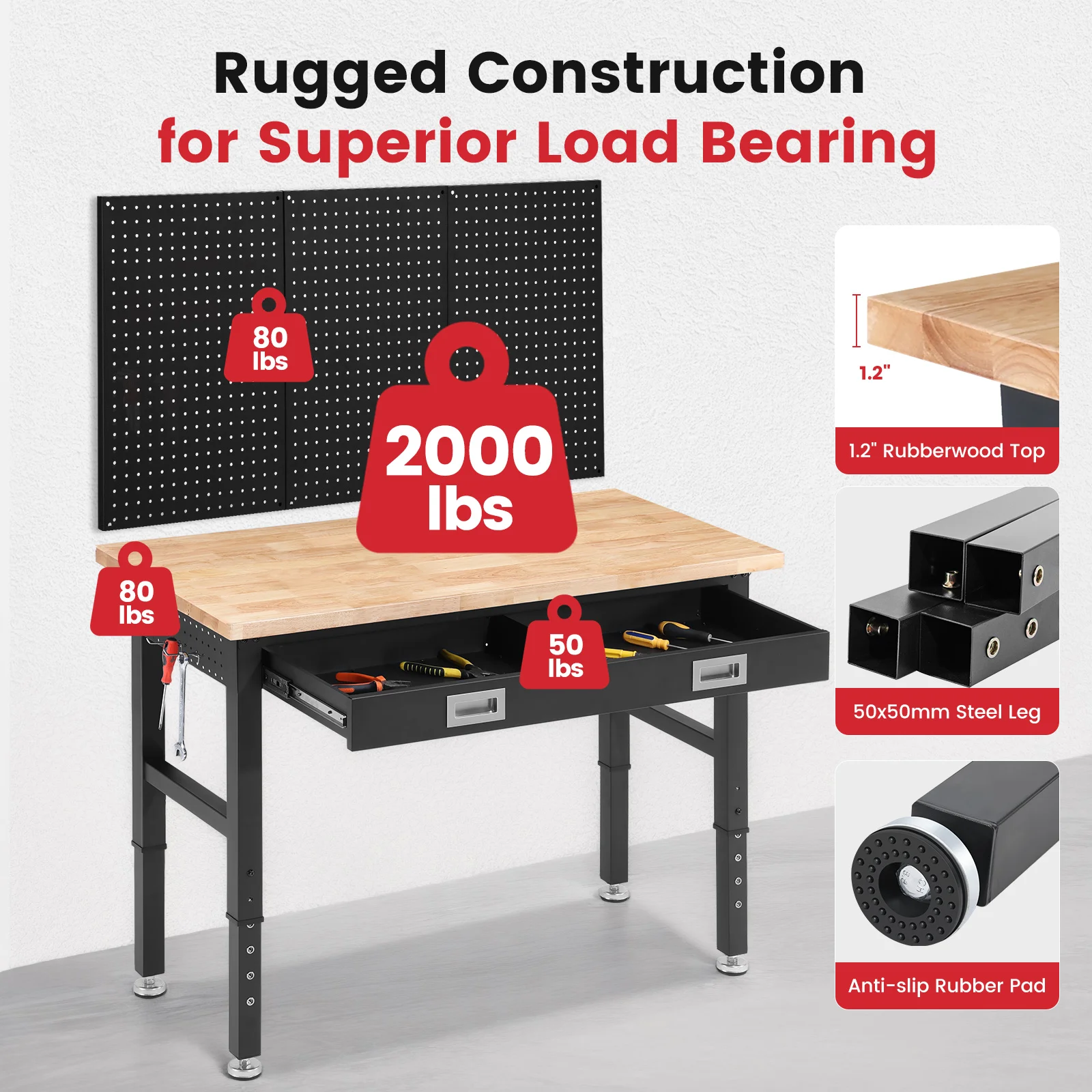 Wood Work Bench with Drawer and Storage Pegboards for Woodworking