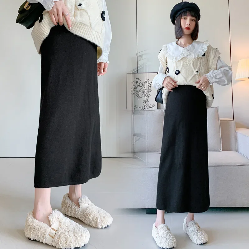 Maternity Fashion Knitted Mini Skirt Open Slit Design for Autumn Winter Casual Wear Slimming Straight Cut One Step Skirt