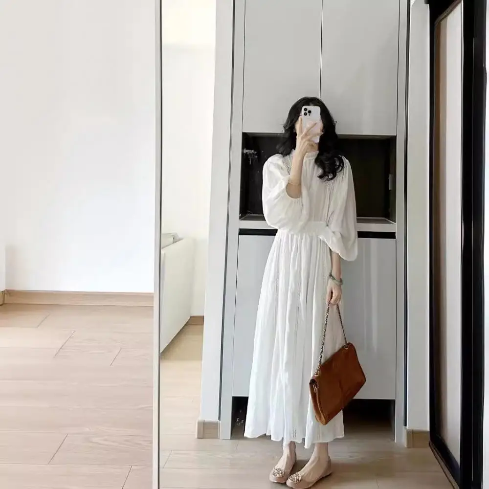 

2024 Elegant Woman Bubble Sleeve Dress White Long Sleeved Dresses Female Autumn Vacation Style Trendy Lady Clothing Frocks