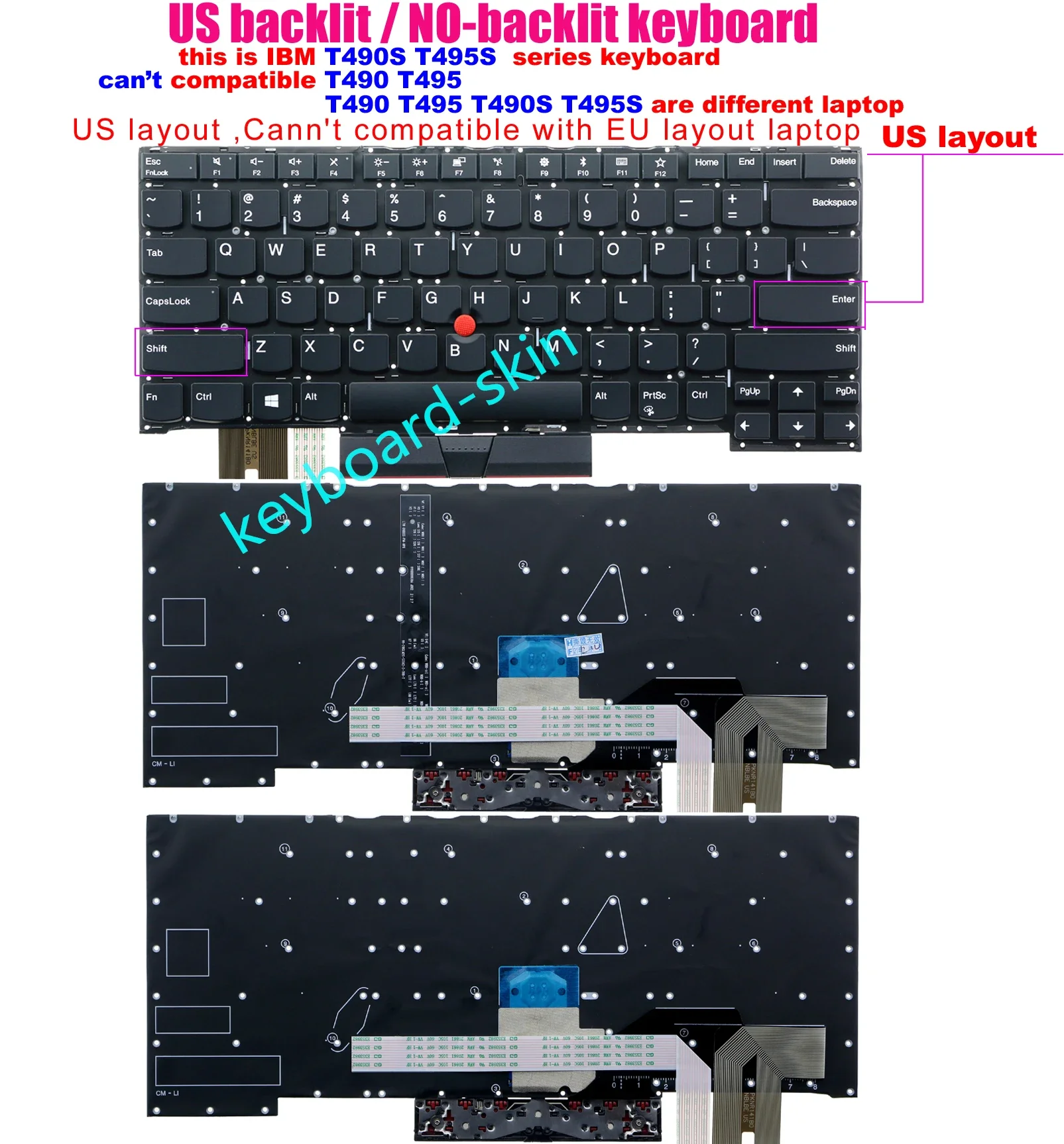 

New US backlit / no-backlit keyboard no-frame for lenovo IBM Thinkpad T490s T495s (isn't for T490 T495) series laptop