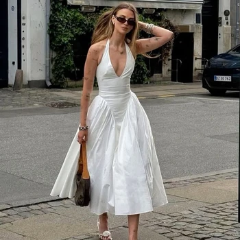 Talenza Backless Deep V Spliced Long Dress Summer women's Sexy Party Dress Halter New Fashion Slim White abito lungo senza maniche 1
