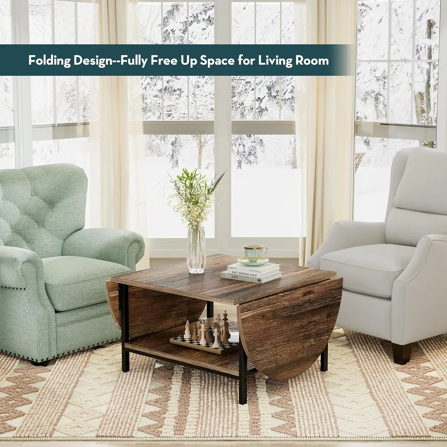 Coffee Table 2-Tier Small Folding Coffee Tables with Storage Table Vintage Extended Table with Two Foldable Panel 3