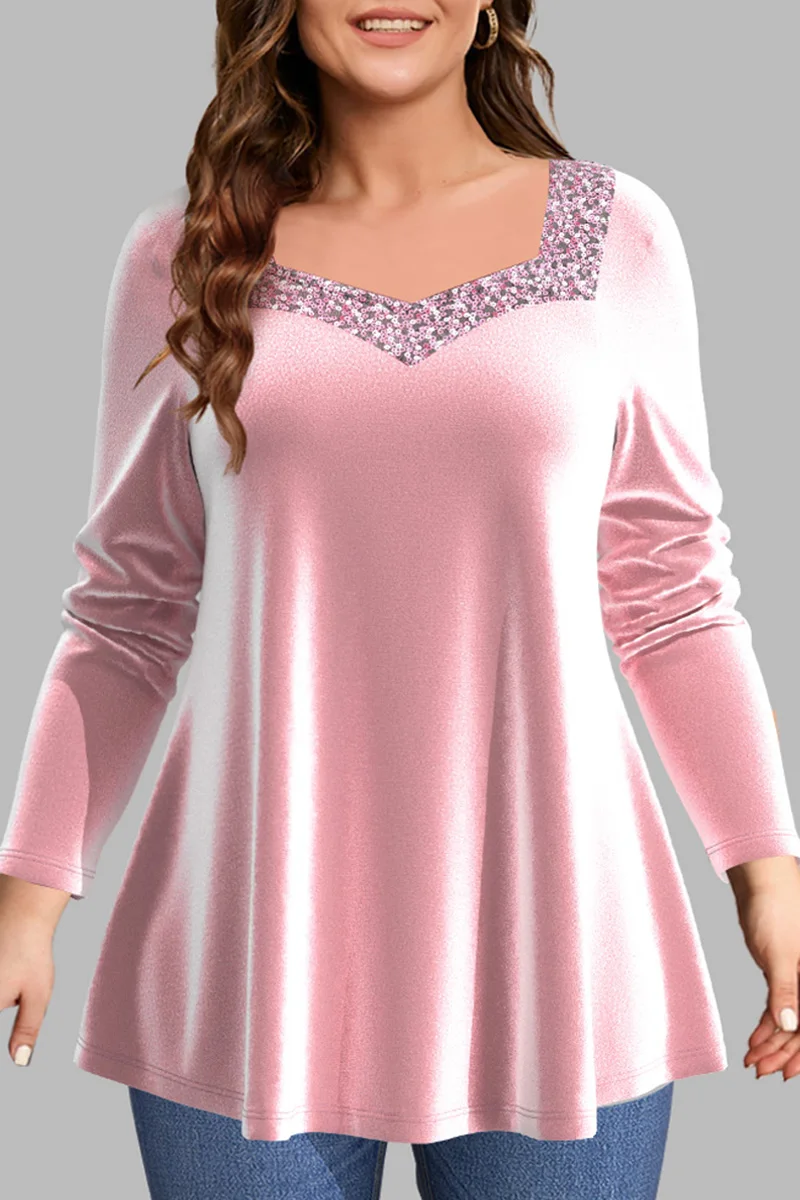 Plus Size Casual Pink Velvet Sequin Patchwork Square Neck Blouse Long Sleeve Tops Lady Elegant Spring Autumn Party Clothing