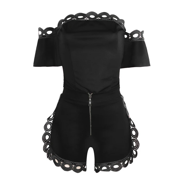 Lace Floral Off Shoulder Tracksuit Women Two Piece Set Summer Clothes Slash Neck Short Sleeve Top Shorts Suit Streetwear Outfits black