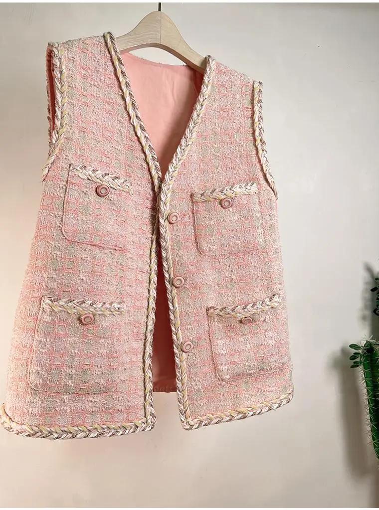 新規購入 Spring/Summer 2024 High Quality Tweed Waistcoat Women Pink トップス