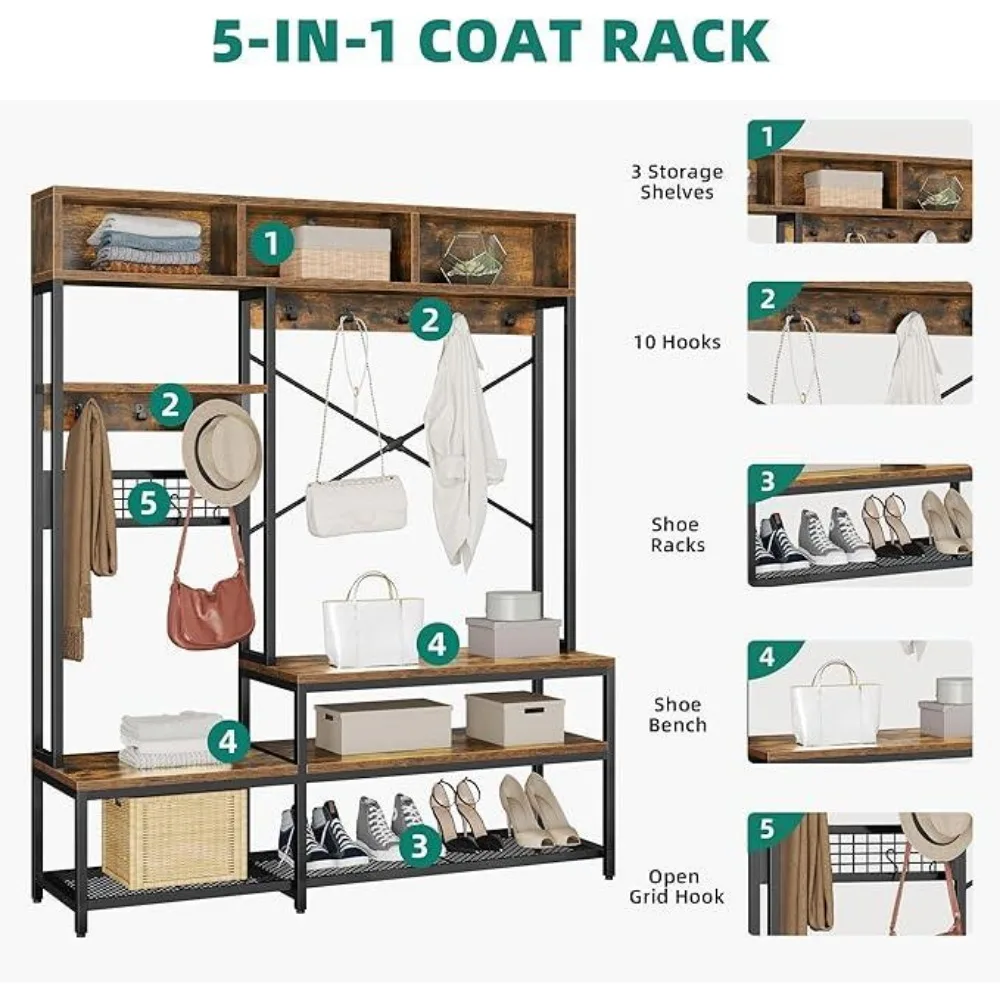 Entryway Hall Tree with Bench and Shoe Storage 55, 5-in-1 Farmhouse Freestanding Coat Rack Shoe Bench for Entrance, Living Room 5