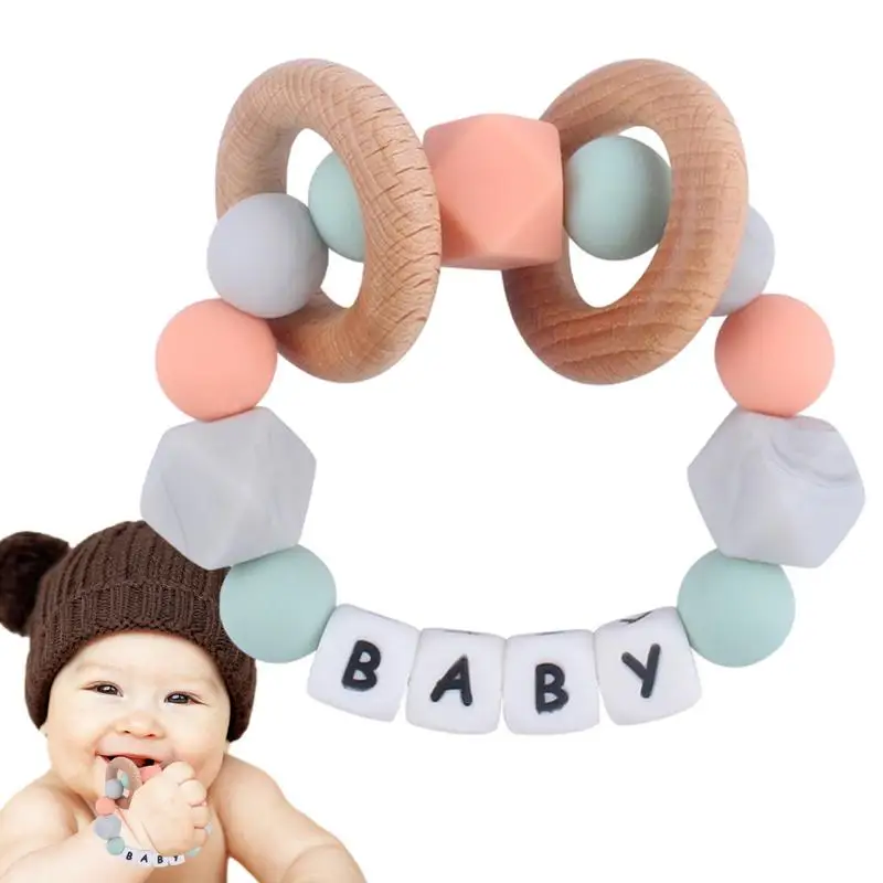

Teether Bracelet Wearable Silicone Molars Wristband Chew Toys Ease Of Grabbing With Two Wooden Rings Encourages Self-Soothe