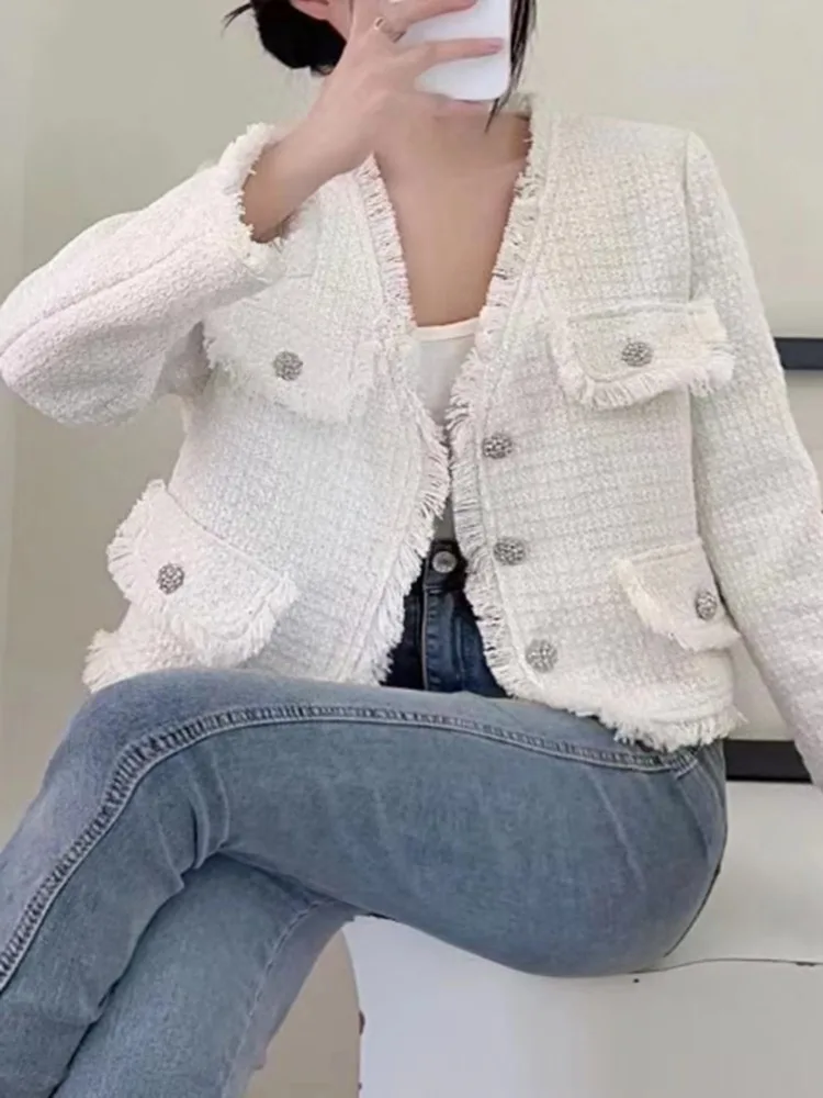 

Women New Fashion Single-Breasted Tweed Jacket Coat Vintage Long Sleeve Pocket Female Outerwear Chic Overshirt